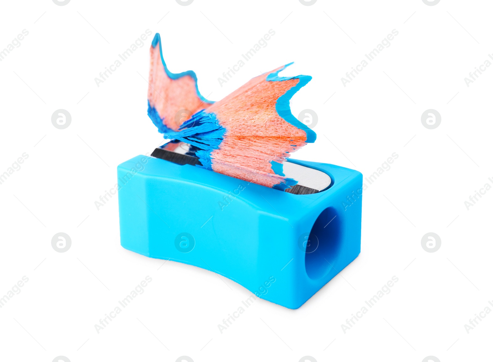 Photo of Light blue sharpener with pencil shavings on white background