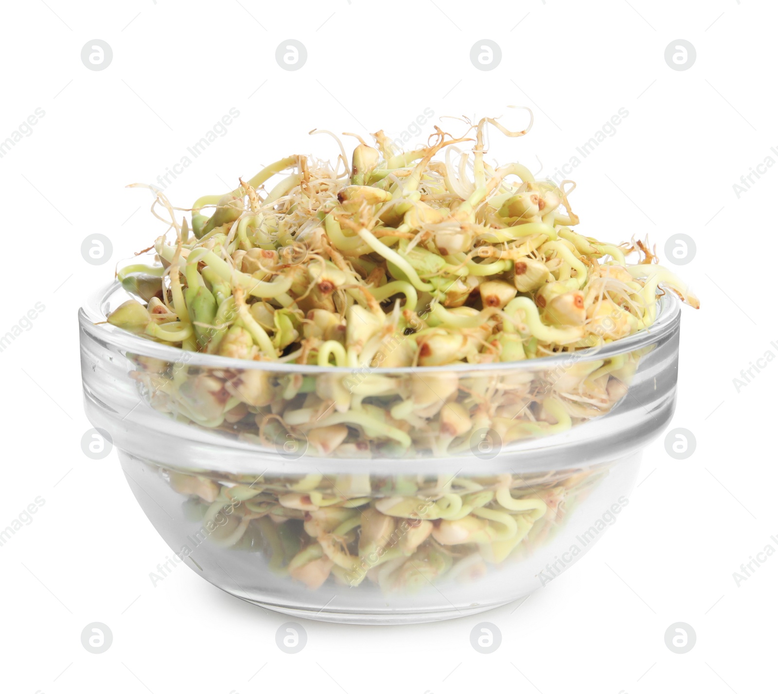 Photo of Glass bowl of sprouted green buckwheat isolated on white