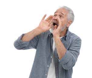 Special promotion. Emotional senior man shouting to announce information on white background