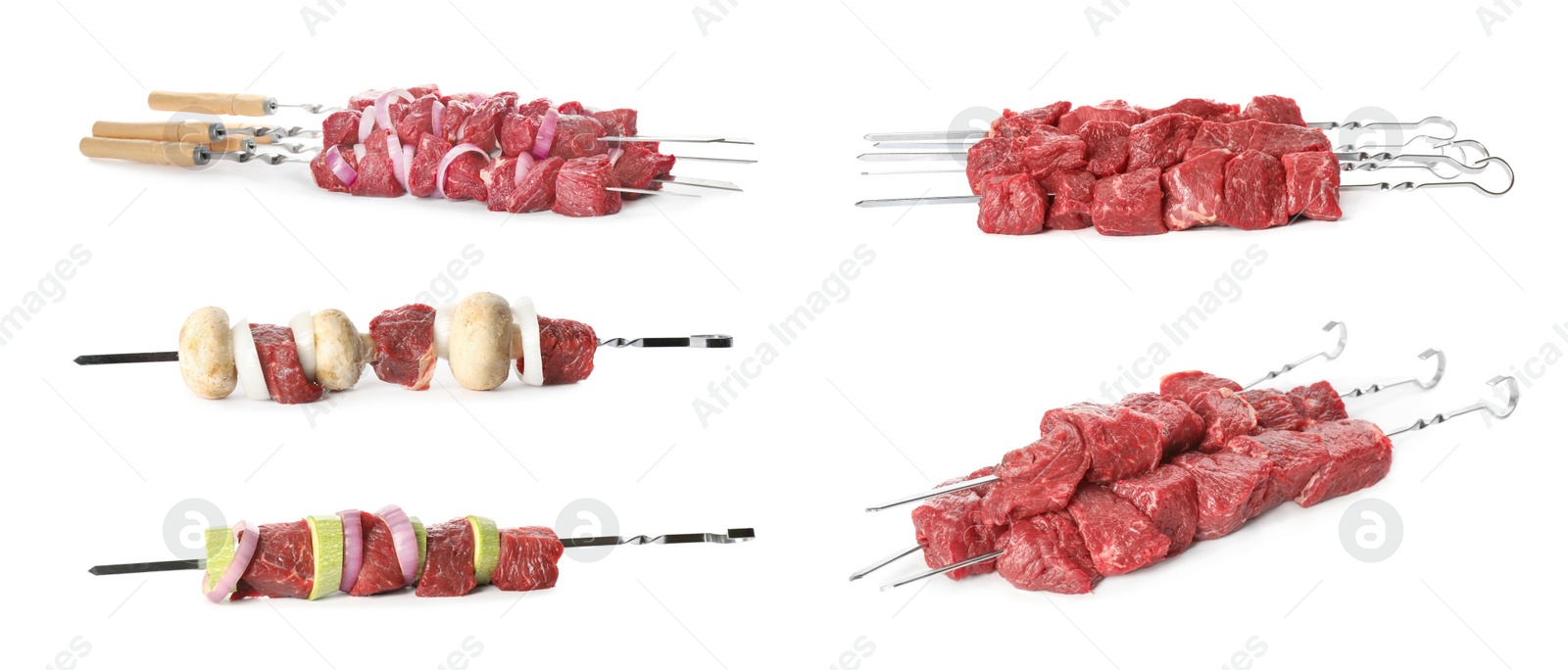 Image of Metal skewers with raw meat on white background, collage. Banner design