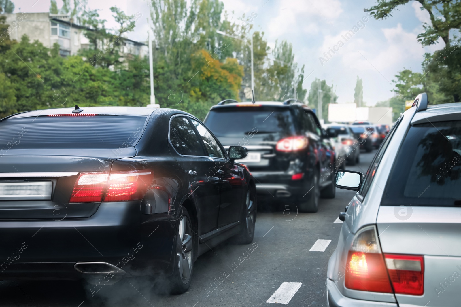 Image of Cars in traffic jam on city street