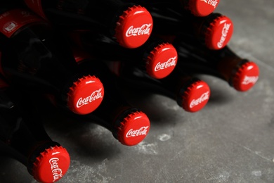 MYKOLAIV, UKRAINE - NOVEMBER 15, 2018: Bottles of Coca Cola on table, closeup