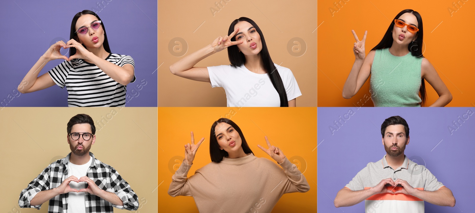 Image of Collage with photos of people blowing air kisses on different color background. Banner design