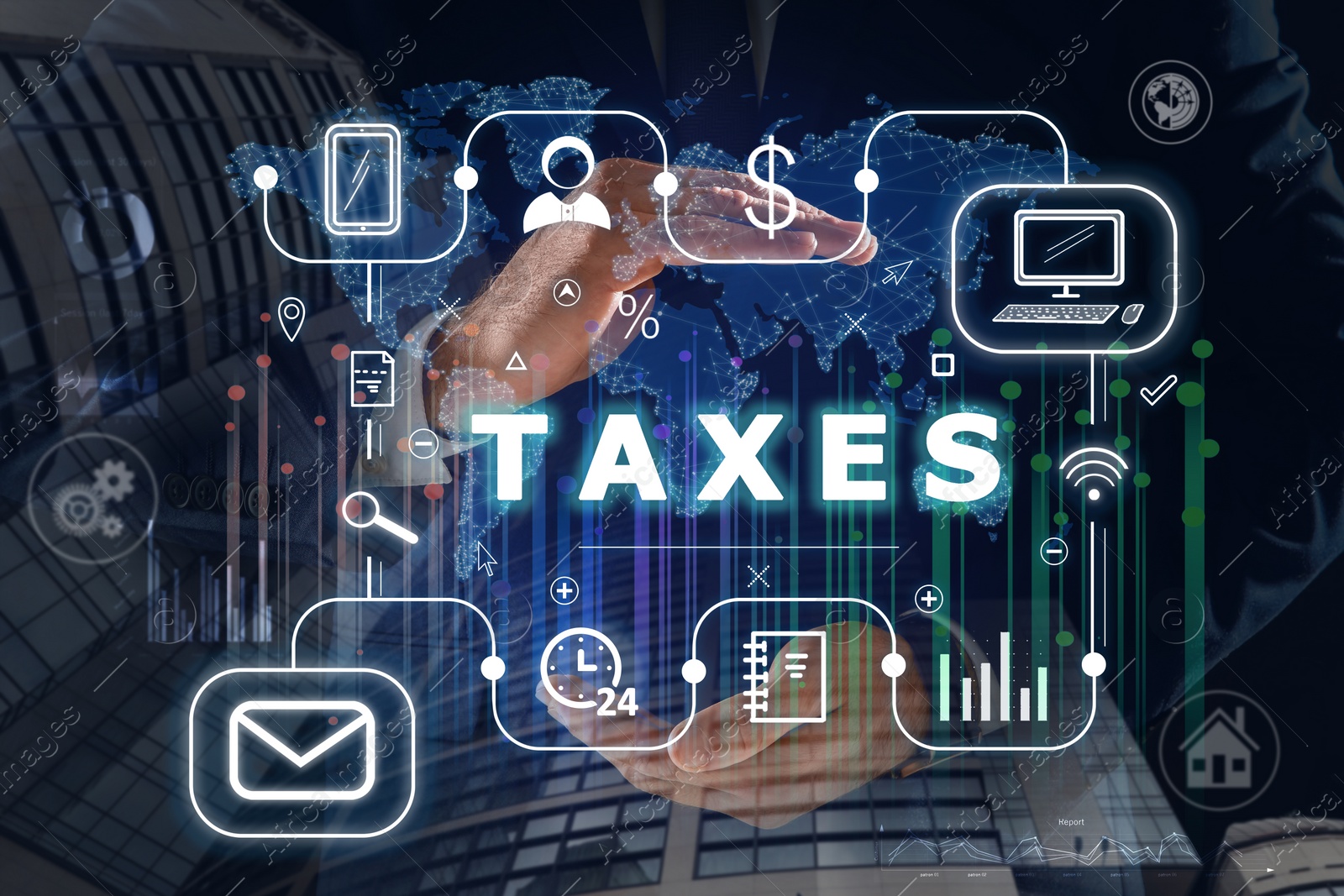 Image of Tax concept. Man demonstrating scheme with icons