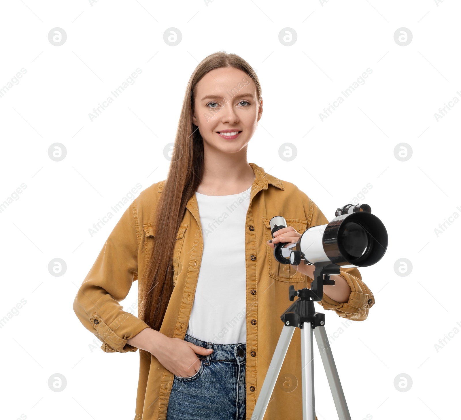 Photo of Happy astronomer with telescope on white background