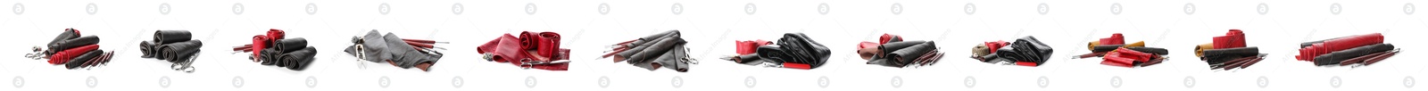 Image of Set with leather samples and craftsman tools on white background. Banner design