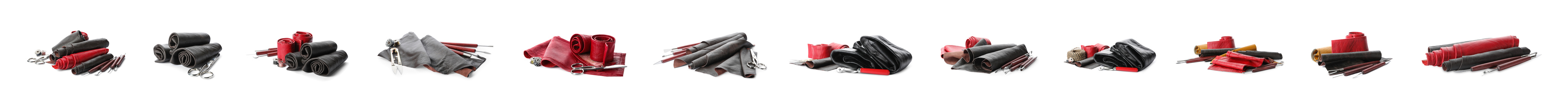 Set with leather samples and craftsman tools on white background. Banner design