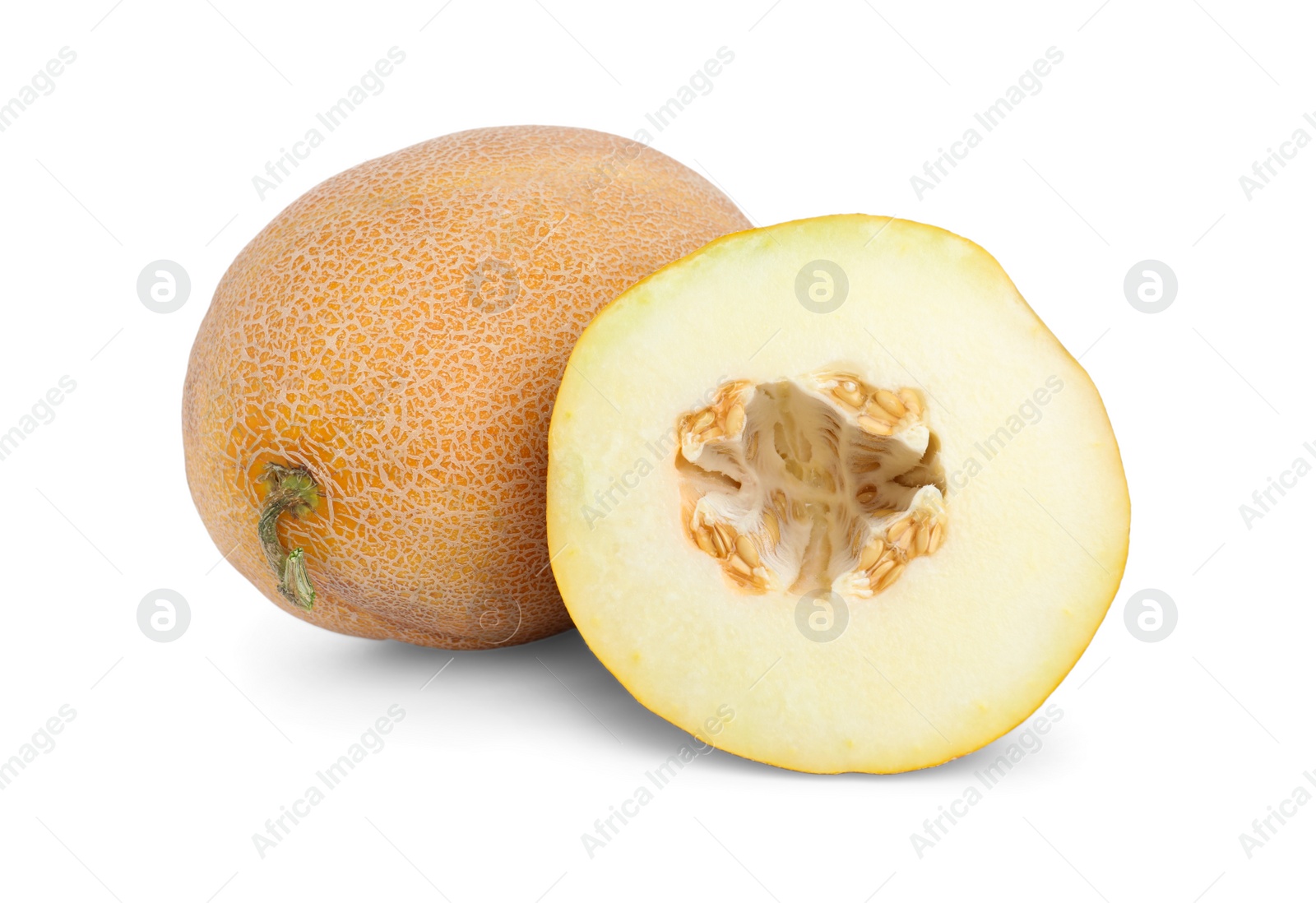 Photo of Whole and cut delicious ripe melons isolated on white