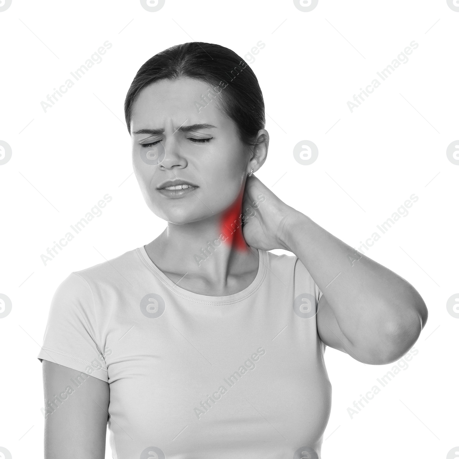 Image of Woman suffering from rheumatism on white background. Black and white effect with red accent in painful area