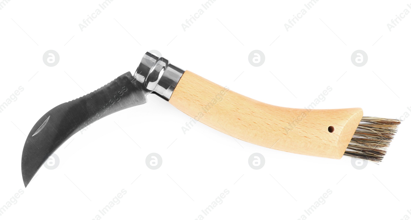Photo of Mushroom knife with brush isolated on white, top view