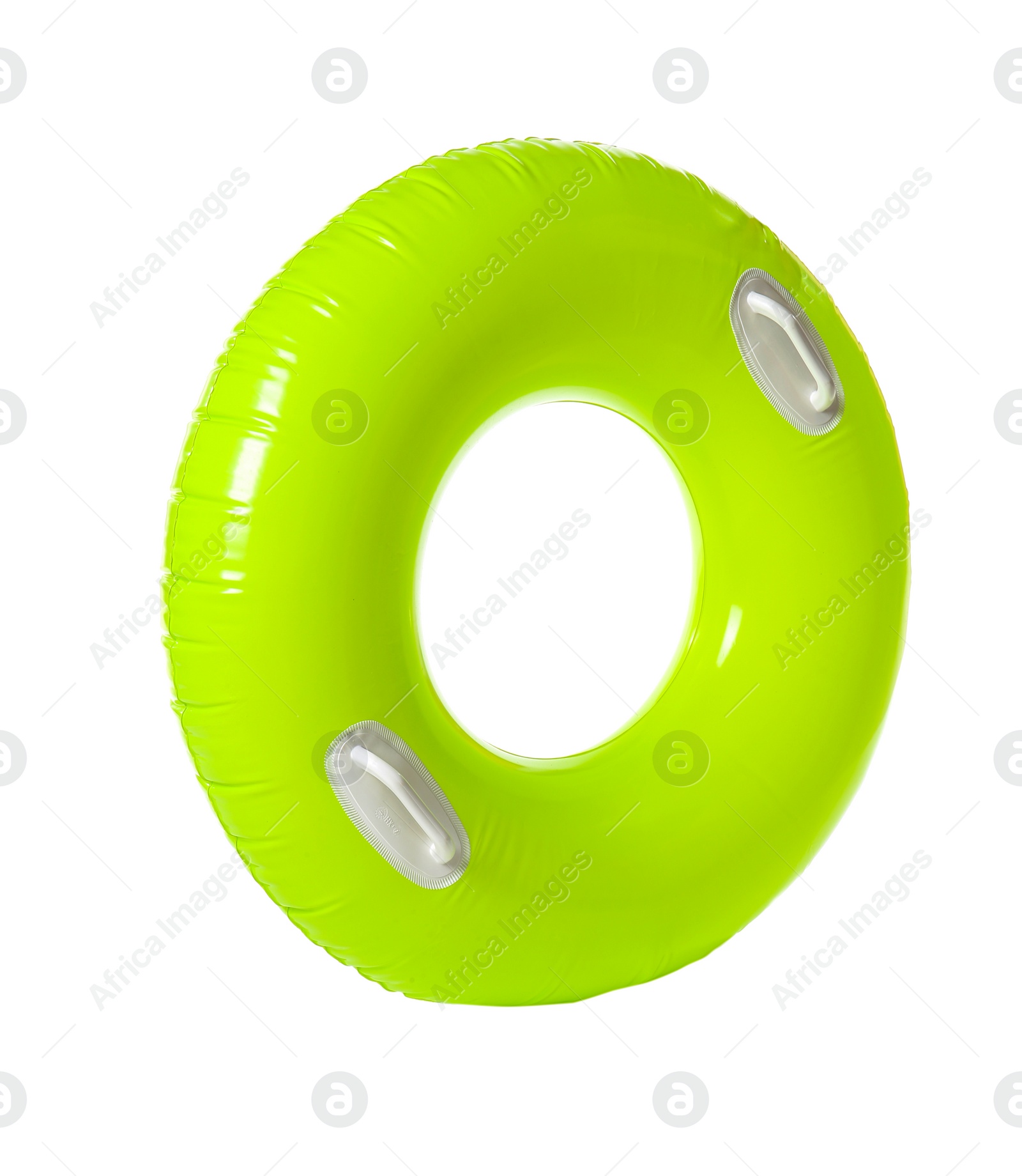 Photo of Bright inflatable ring on white background. Summer holidays