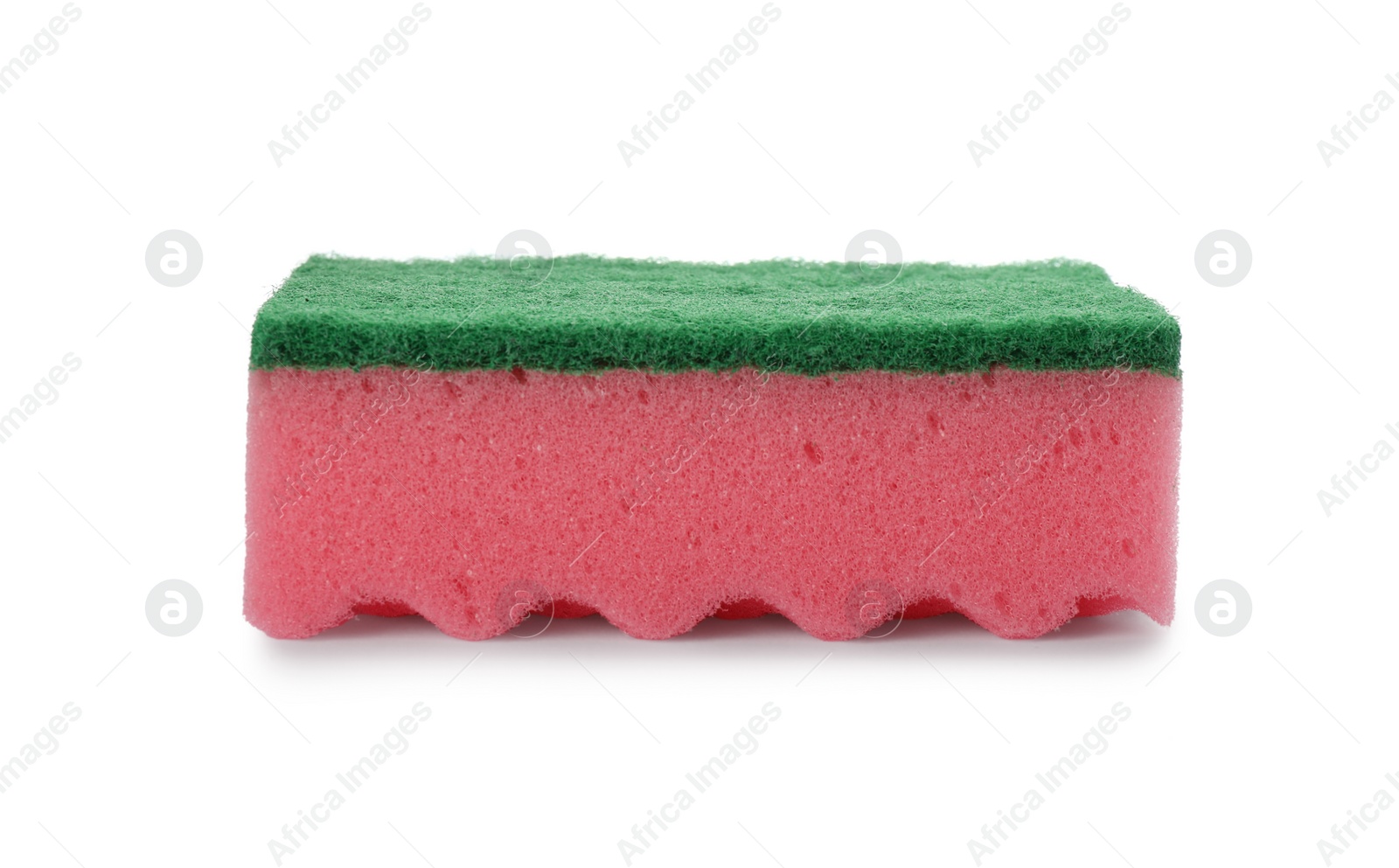 Photo of Pink cleaning sponge with abrasive green scourer isolated on white