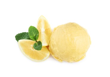 Photo of Scoop of delicious ice cream with lemon and mint on white background, top view