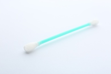 Plastic cotton swab on white background. Hygienic accessory