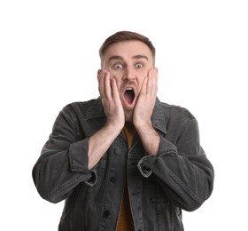 Photo of Portrait of emotional young man on white background. Personality concept