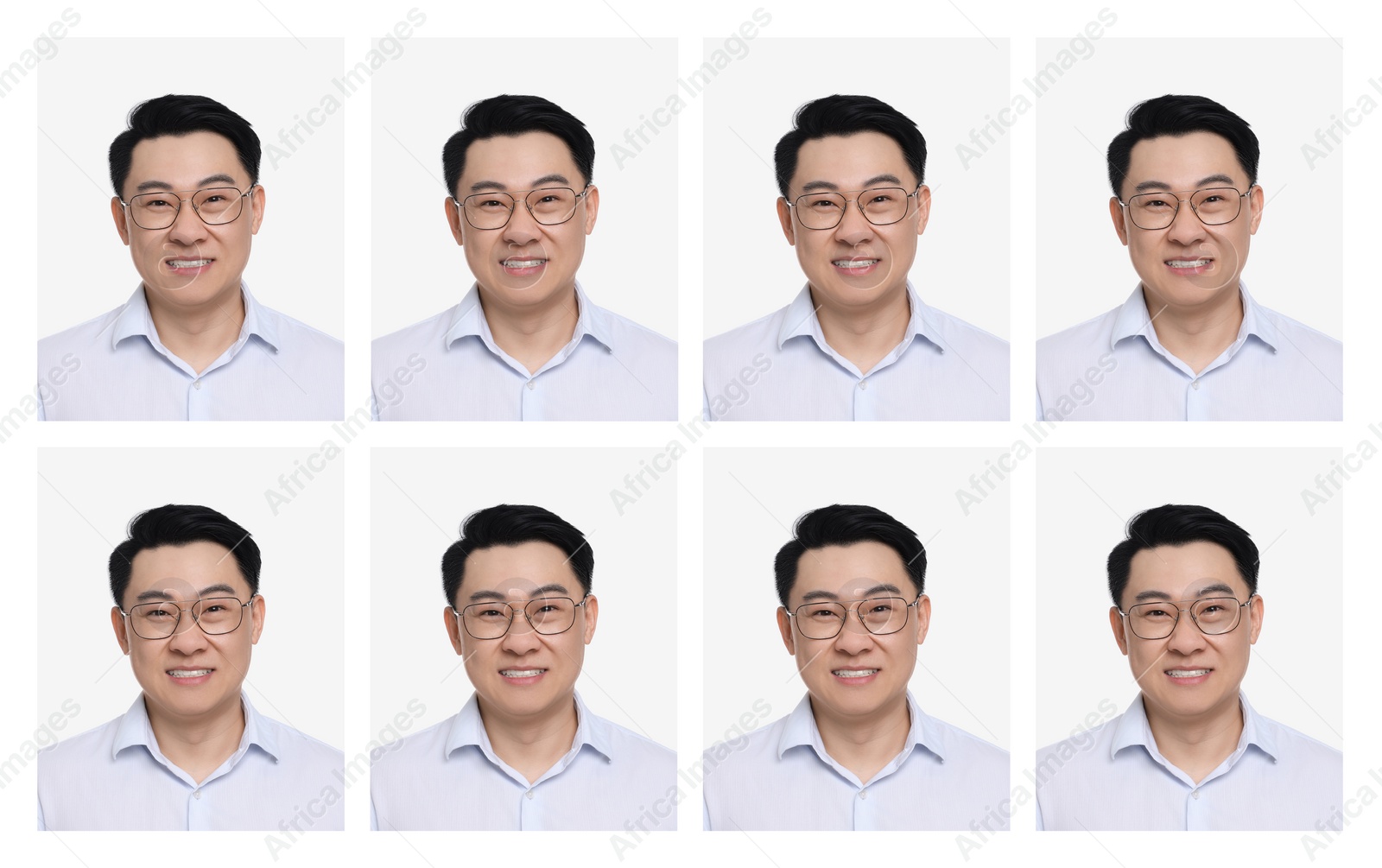 Image of Passport photo, collage. Man on white background, set of photos