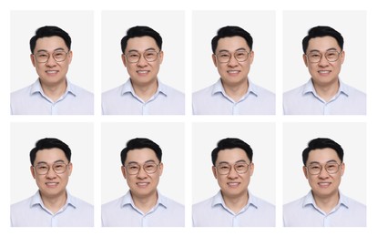 Image of Passport photo, collage. Man on white background, set of photos