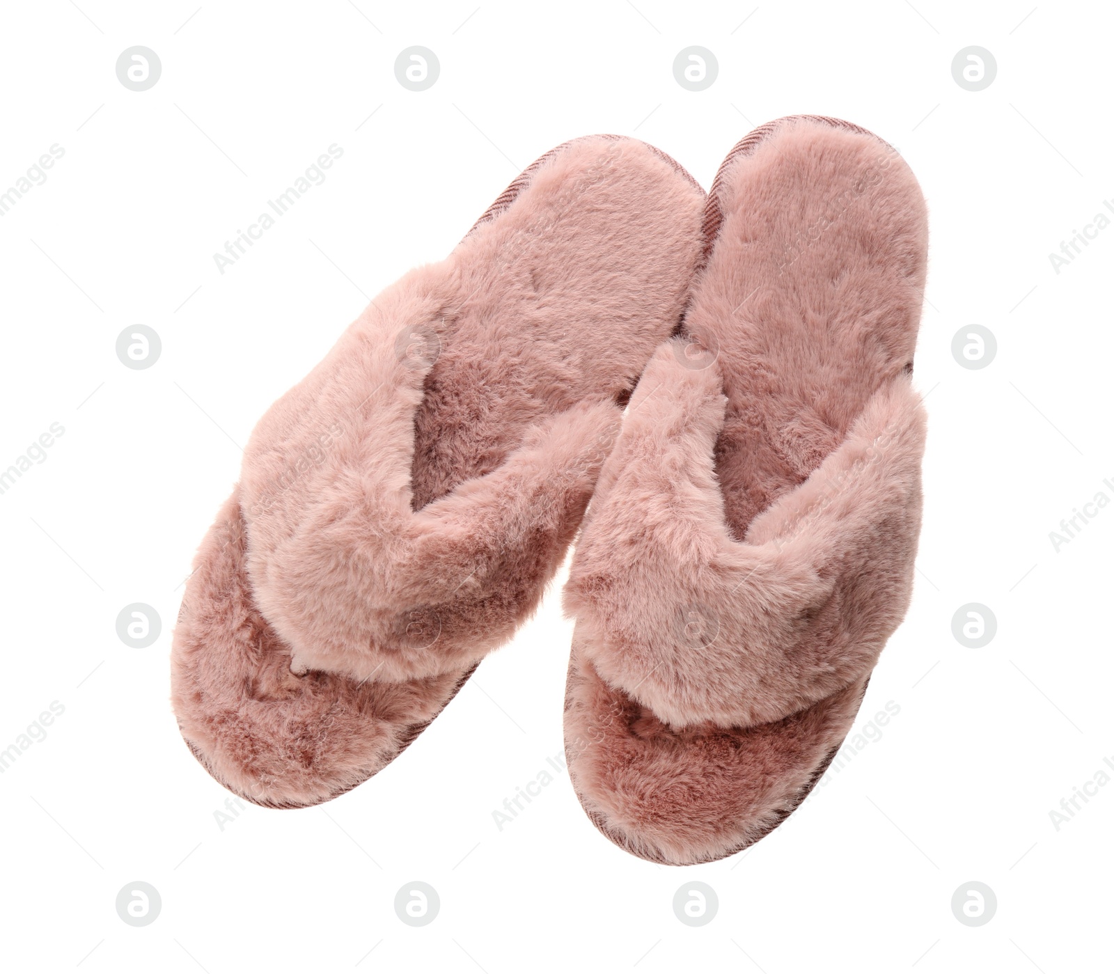 Photo of Stylish soft slippers on white background, top view