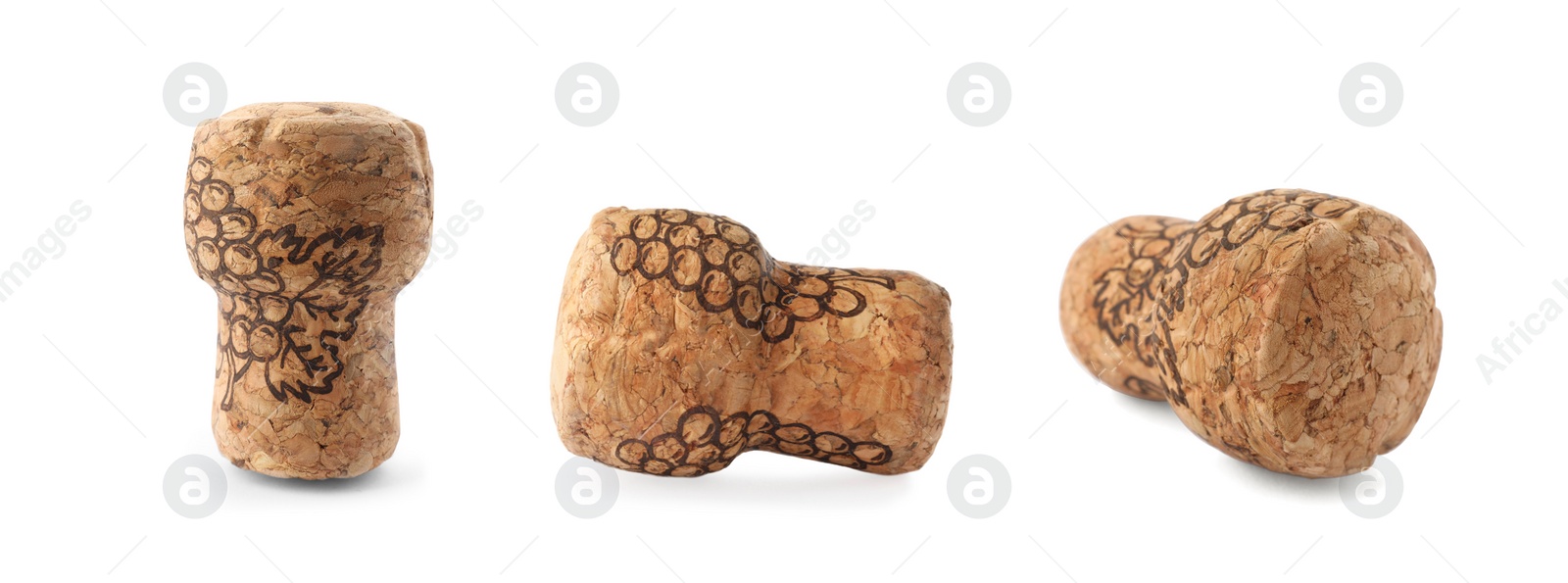 Image of Set with corks of sparkling wine bottles on white background. Banner design