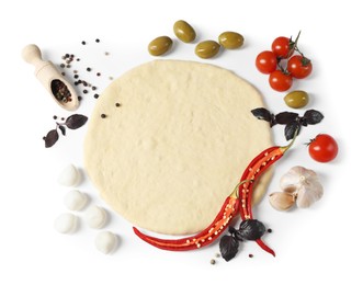 Fresh pizza dough and products isolated on white, top view