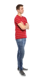 Young man in stylish clothes on white background, side view