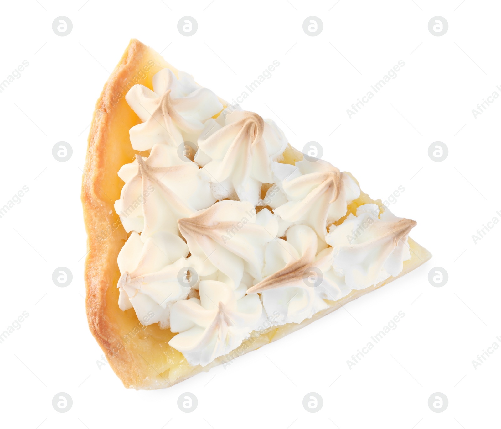 Photo of Piece of delicious lemon meringue pie isolated on white, top view