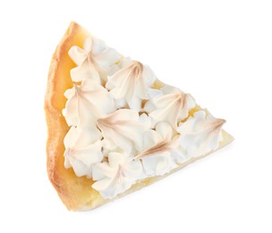 Piece of delicious lemon meringue pie isolated on white, top view