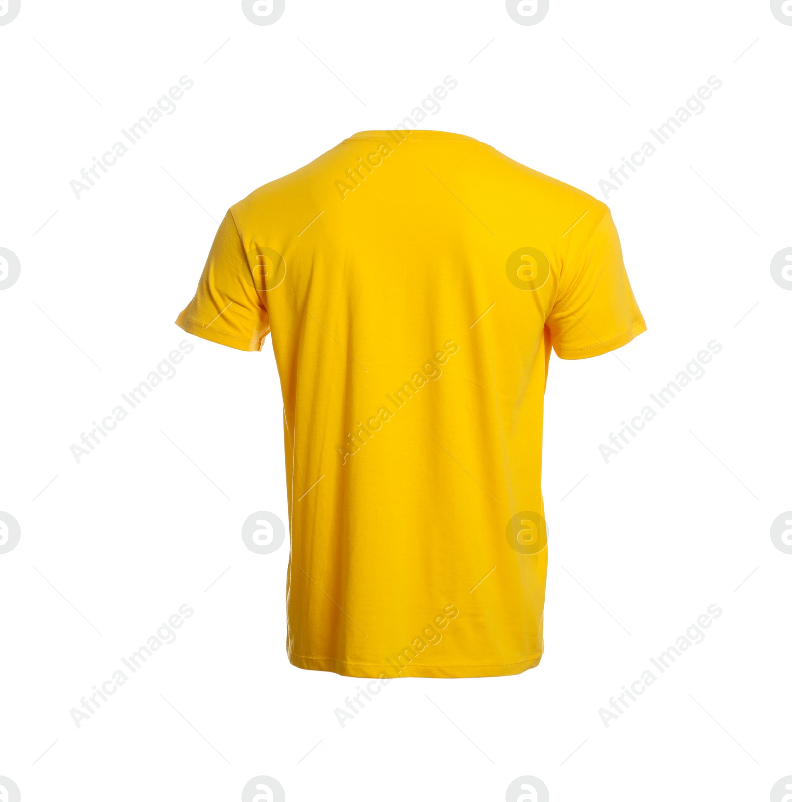 Photo of Mannequin with yellow men's t-shirt isolated on white. Mockup for design