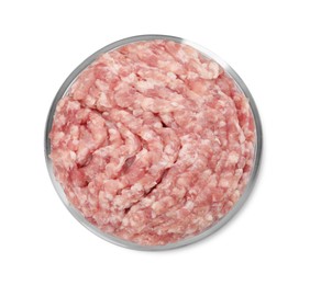 Petri dish with raw minced cultured meat on white background, top view