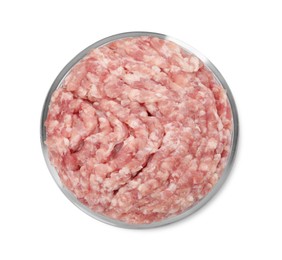 Photo of Petri dish with raw minced cultured meat on white background, top view