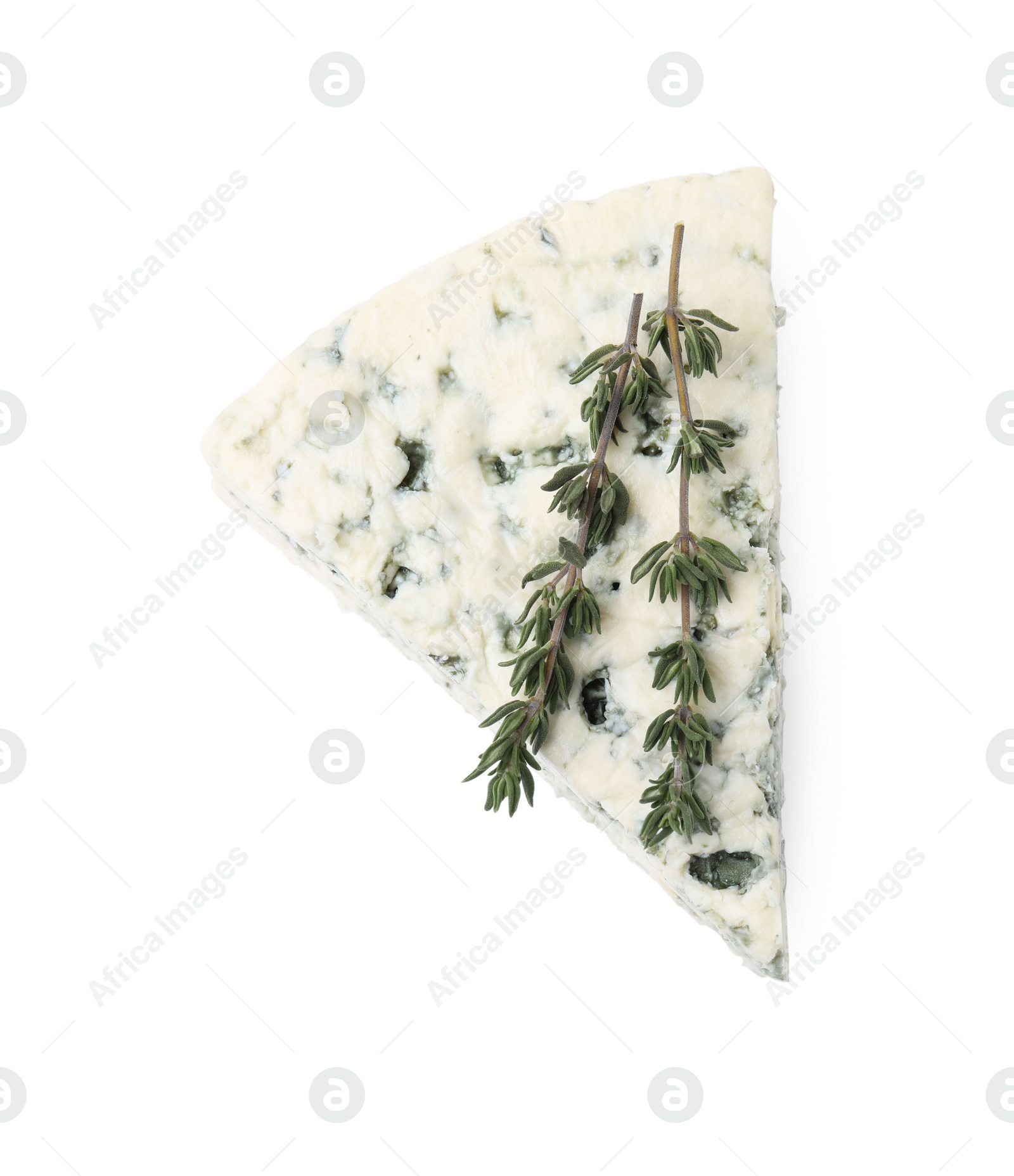 Photo of Tasty blue cheese with thyme isolated on white, top view