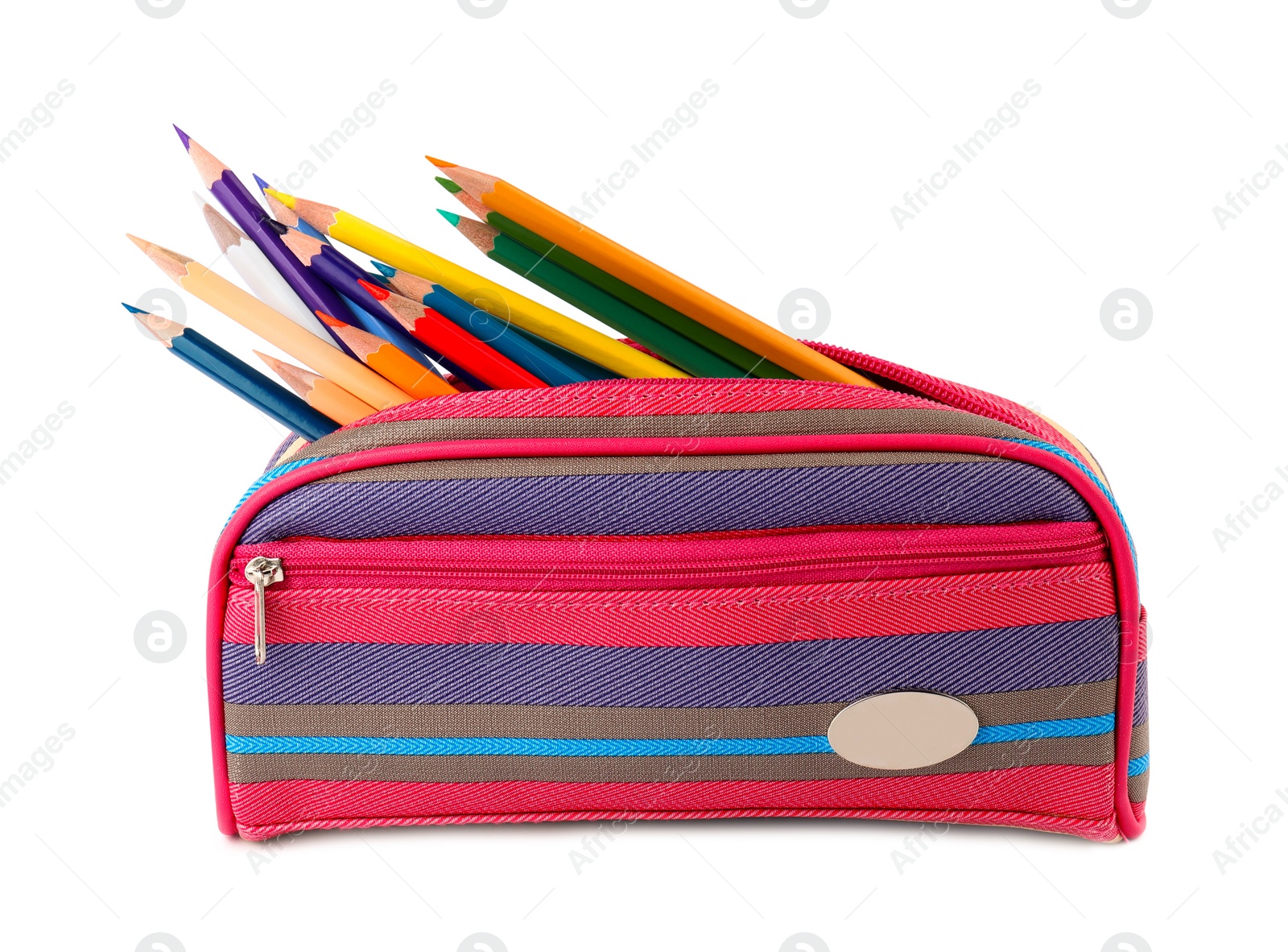 Photo of Case full of color pencils on white background