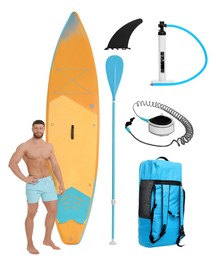 Happy man with SUP board and different equipment for stand up paddle boarding isolated on white, set of photos