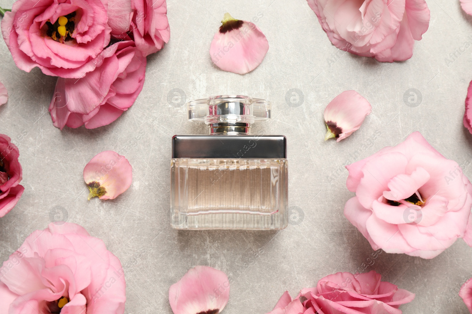 Photo of Flat lay composition with bottle of perfume and eustoma flowers on grey textured background