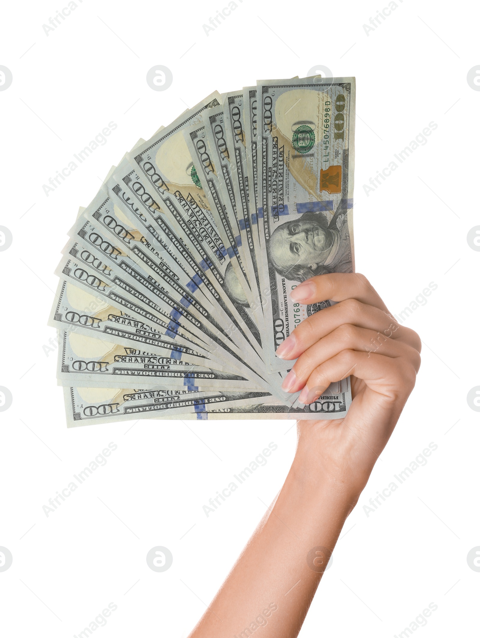 Photo of Young woman with dollar bills on white background, closeup