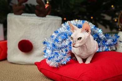 Photo of Adorable Sphynx cat with colorful tinsel on red pillow indoors, space for text