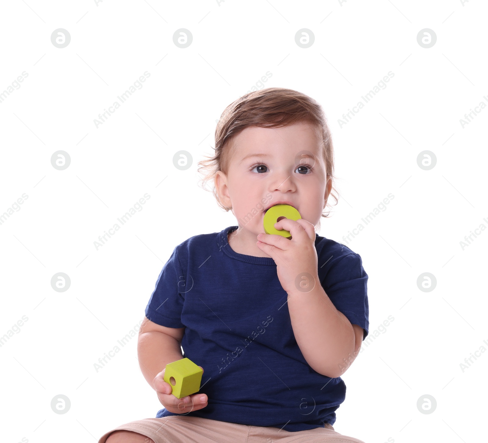 Photo of Cute little boy with toys isolated on white