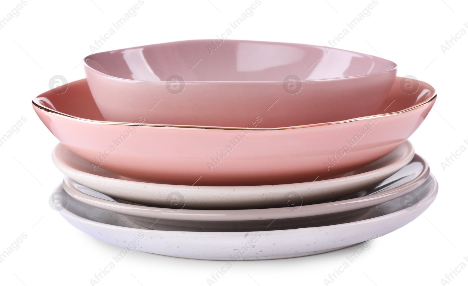 Photo of Set of plates on white background. Kitchen tableware