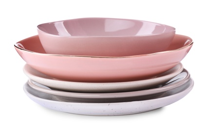 Set of plates on white background. Kitchen tableware