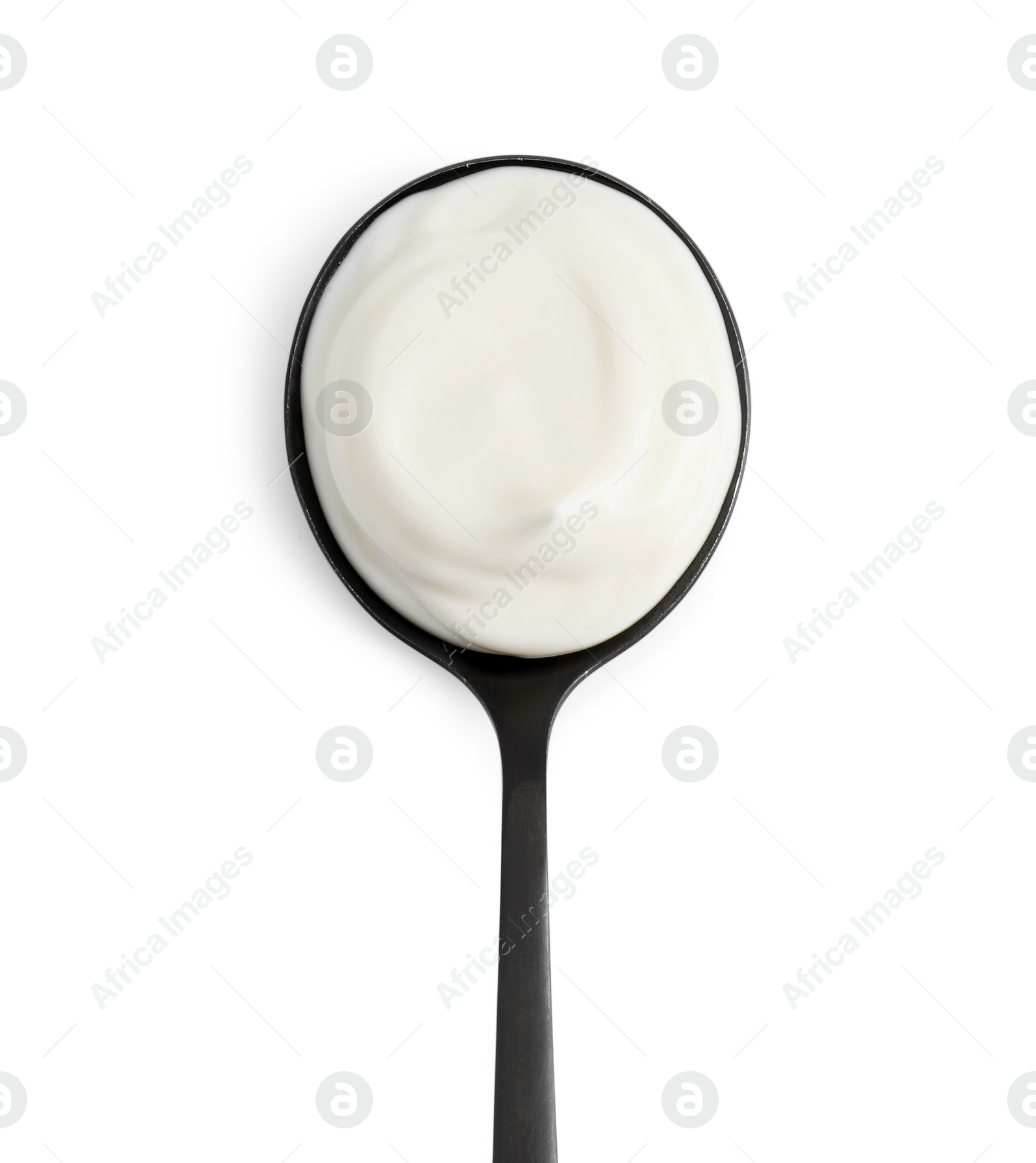 Photo of One black spoon with mayonnaise isolated on white, top view