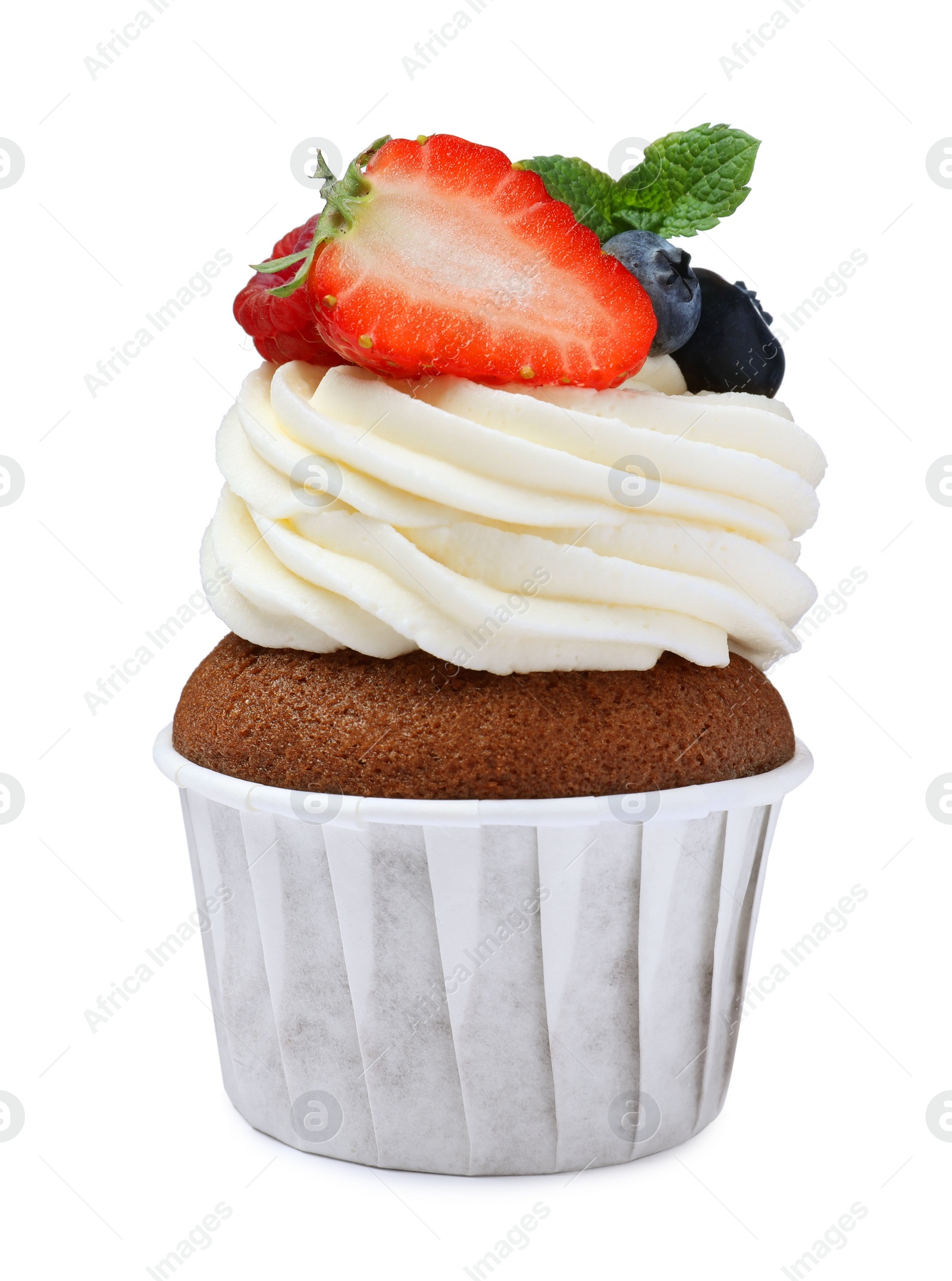 Photo of Sweet cupcake with fresh berries isolated on white