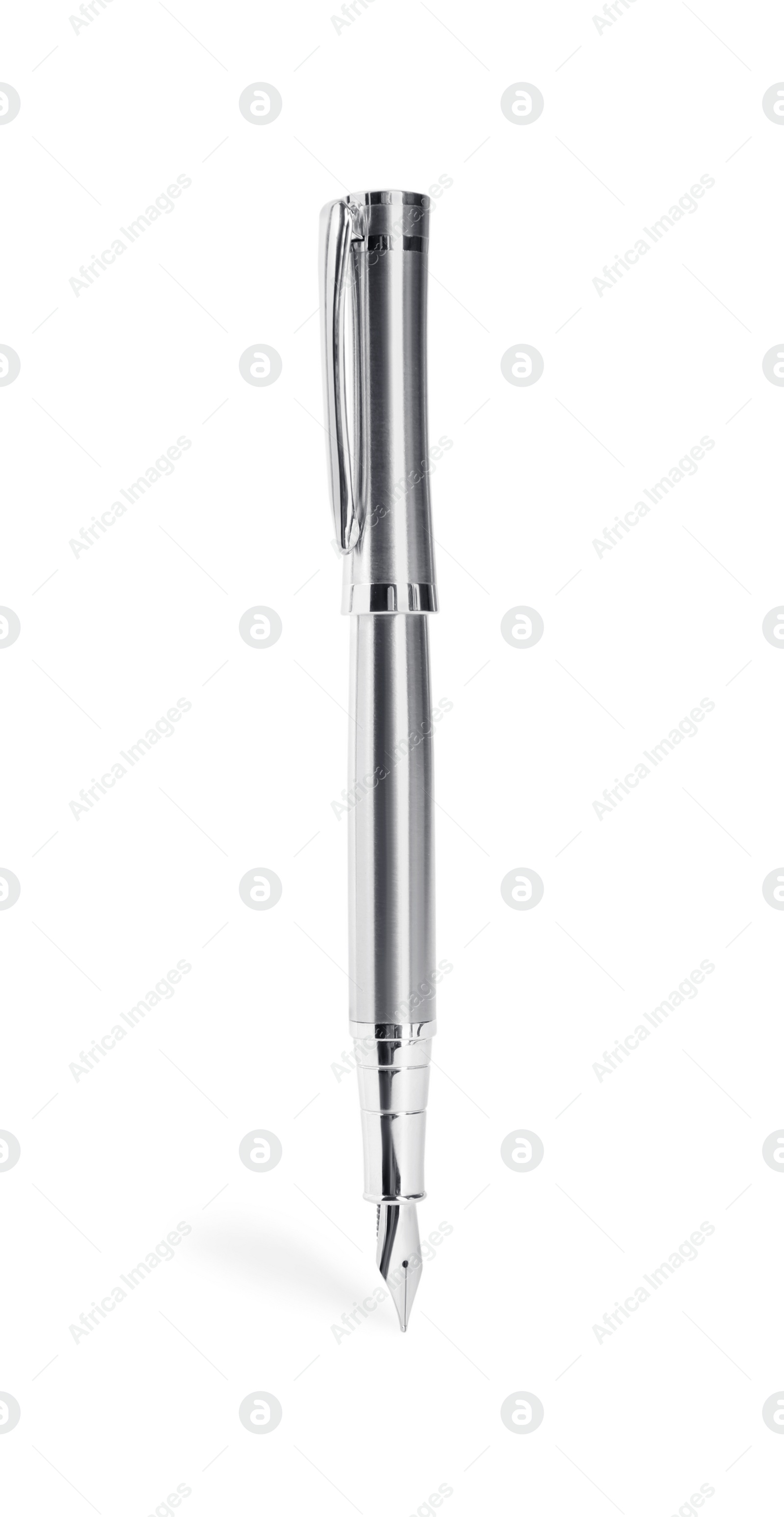 Photo of Stylish silver fountain pen isolated on white