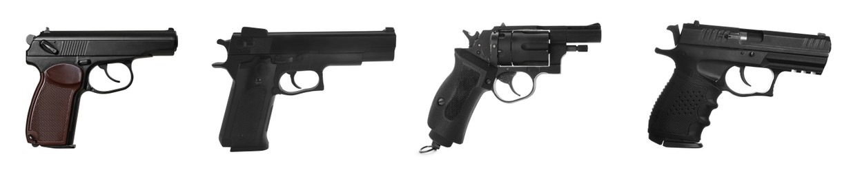 Image of Set with different handguns on white background. Banner design