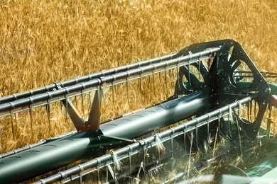 Modern combine harvester working in agricultural field, closeup view of reel