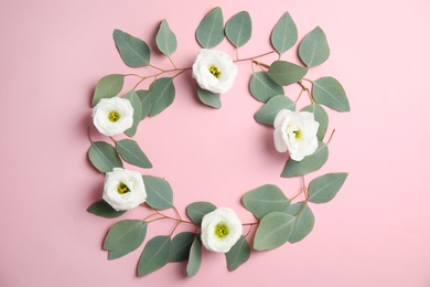 Eucalyptus branches with fresh green leaves and flowers on color background. Flat lay composition with space for design