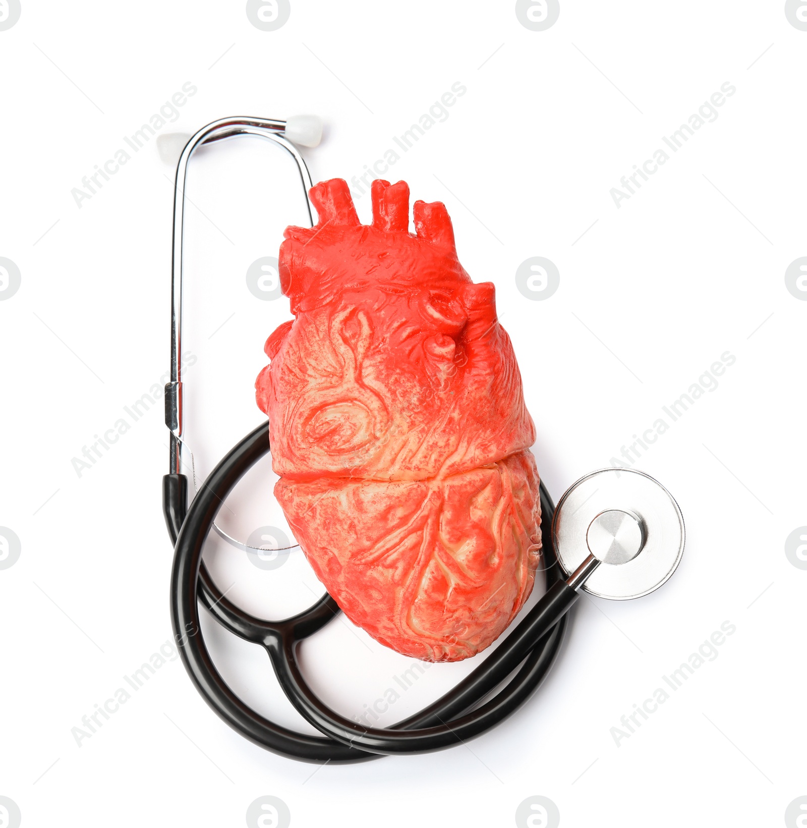 Photo of Heart model and stethoscope on white background, top view. Cardiology concept