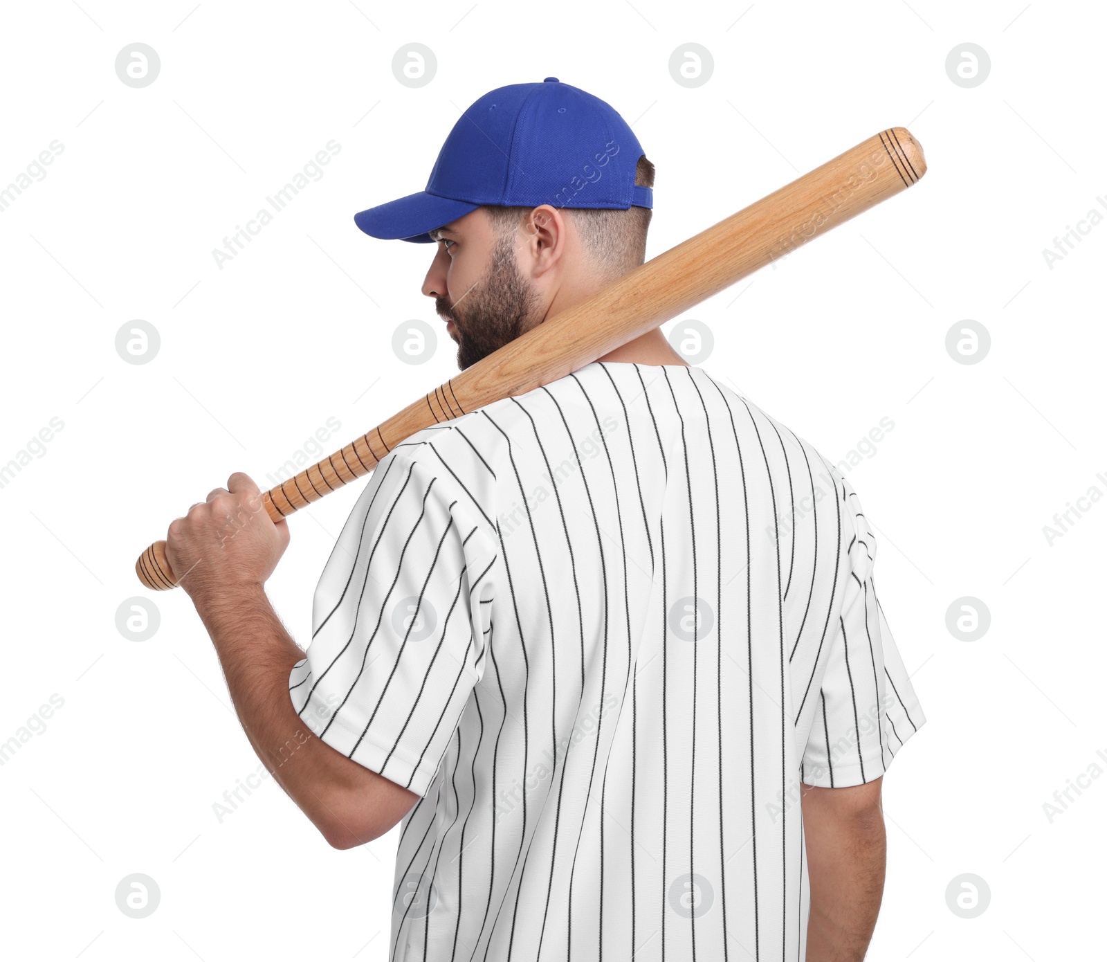 Photo of Man in stylish blue baseball cap holding bat on white background, back view