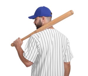 Photo of Man in stylish blue baseball cap holding bat on white background, back view