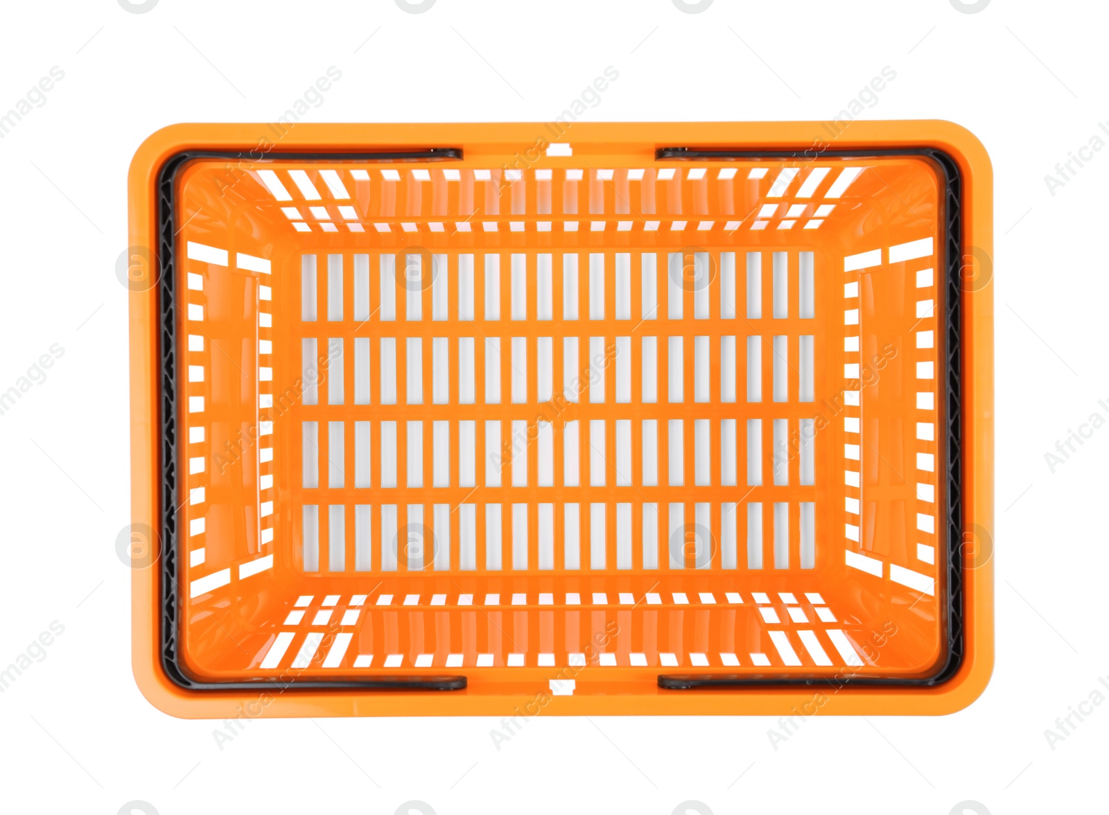 Photo of Plastic shopping basket on white background, top view