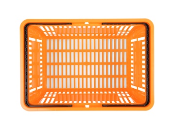 Plastic shopping basket on white background, top view